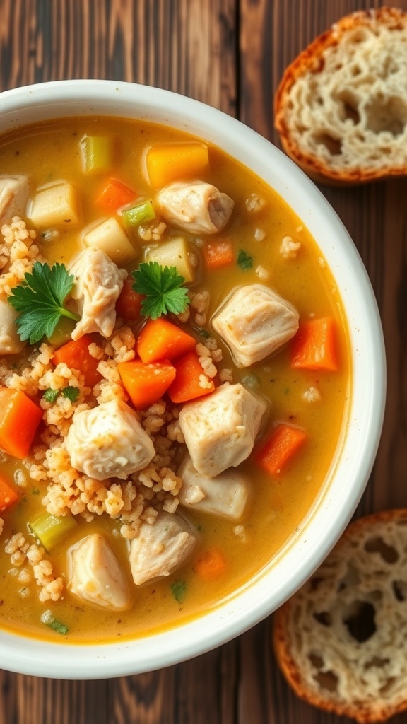 A bowl of creamy quinoa chicken soup with chicken, quinoa, carrots, and celery, garnished with parsley, on a rustic table with bread.